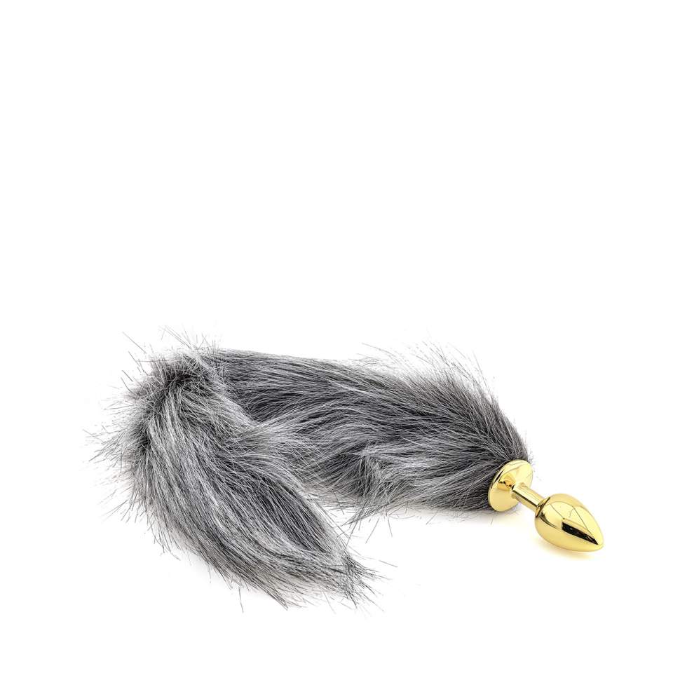 Stalowy złoty korek analny ze srebrnym lisim ogonem - średnica 2,6 cm