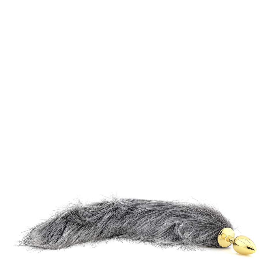Stalowy złoty korek analny ze srebrnym lisim ogonem - średnica 2,6 cm