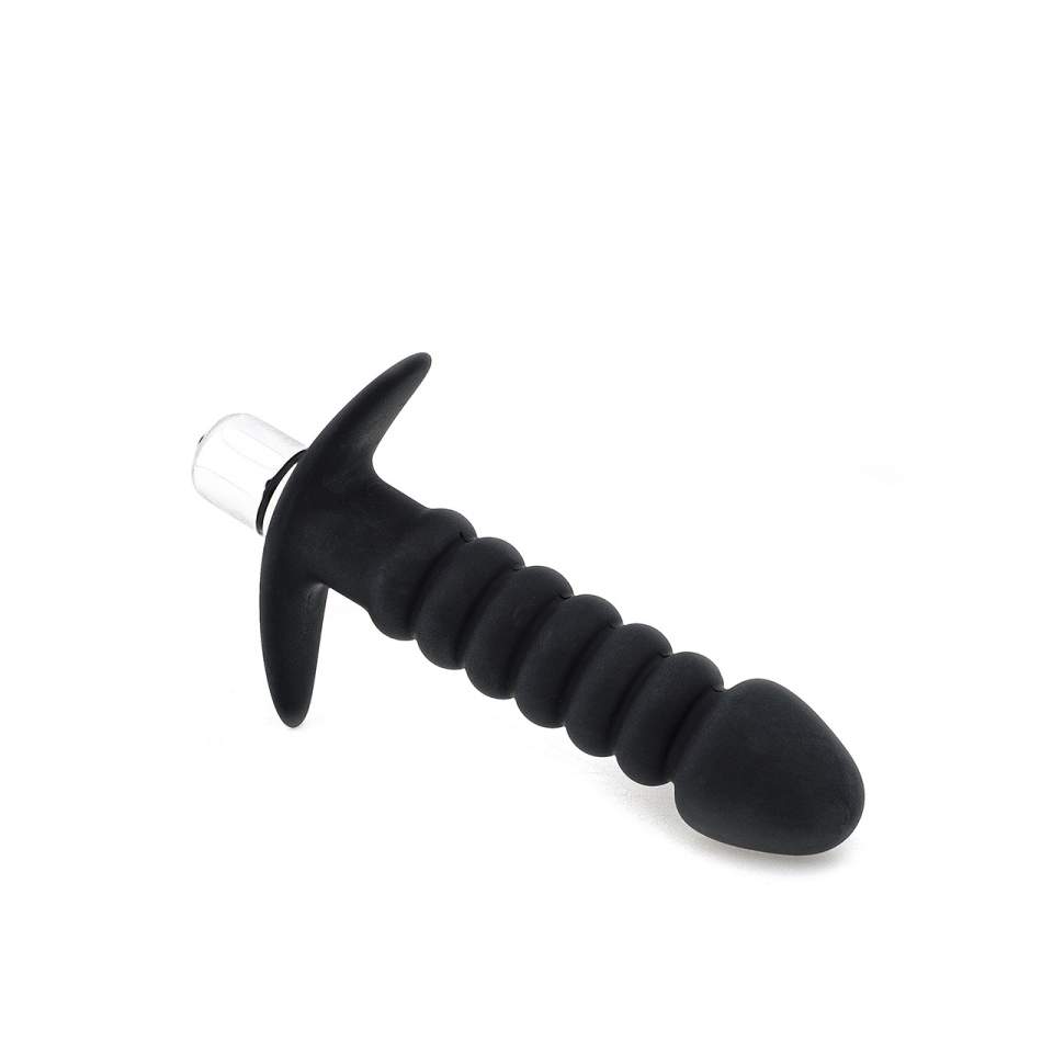 Czarny silikonowy korek analny z żebrowaniem - 7 trybów wibracji