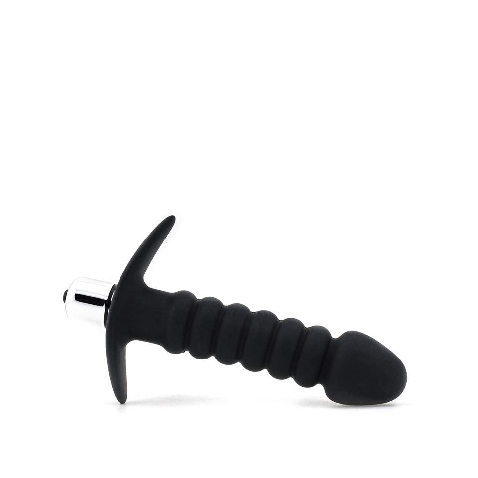 Czarny silikonowy korek analny z żebrowaniem - 7 trybów wibracji