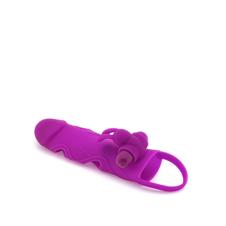 Fioletowa silikonowa nakładka na penisa z pierścieniem i wibracjami