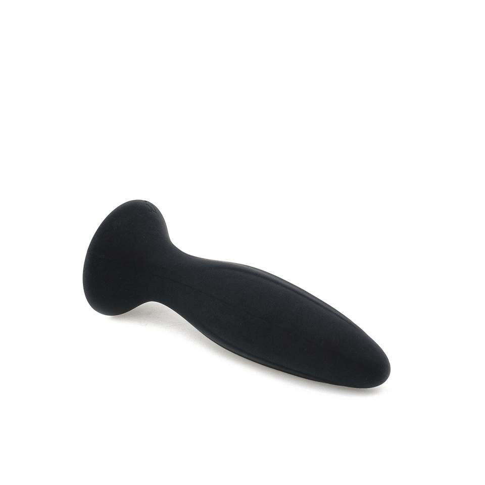 Czarny, silikonowy korek analny z dużym przyciskiem sterującym i ładowaniem przez kabel USB