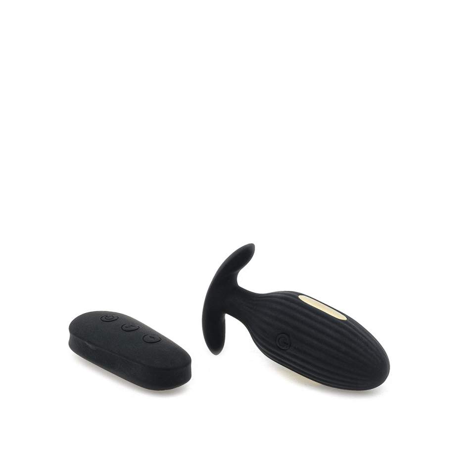 Czarny matowy korek analny z wibracjami i elektrostymulacją sterowany pilotem