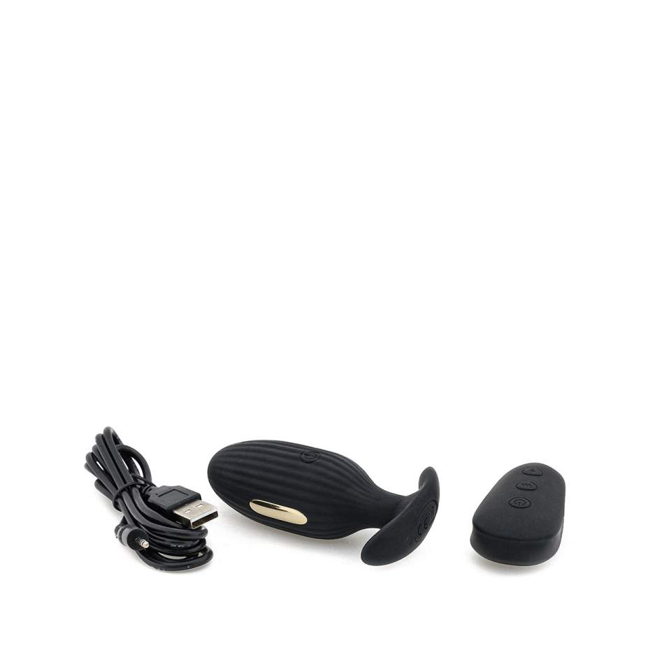 Czarny matowy korek analny z wibracjami i elektrostymulacją sterowany pilotem