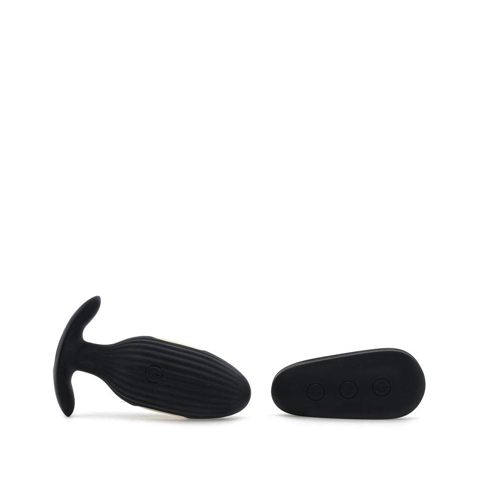 Czarny matowy korek analny z wibracjami i elektrostymulacją sterowany pilotem