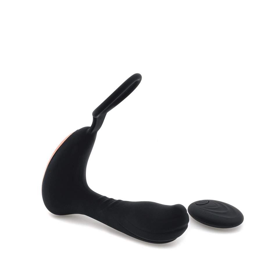 Czarny silikonowy masażer prostaty z pierścieniem na jądra i pilotem