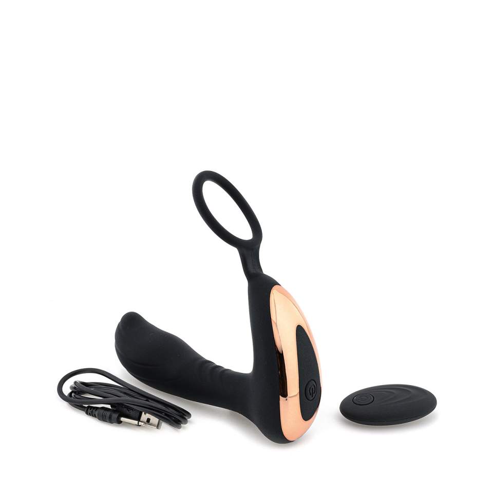 Czarny silikonowy masażer prostaty z pierścieniem na jądra i pilotem