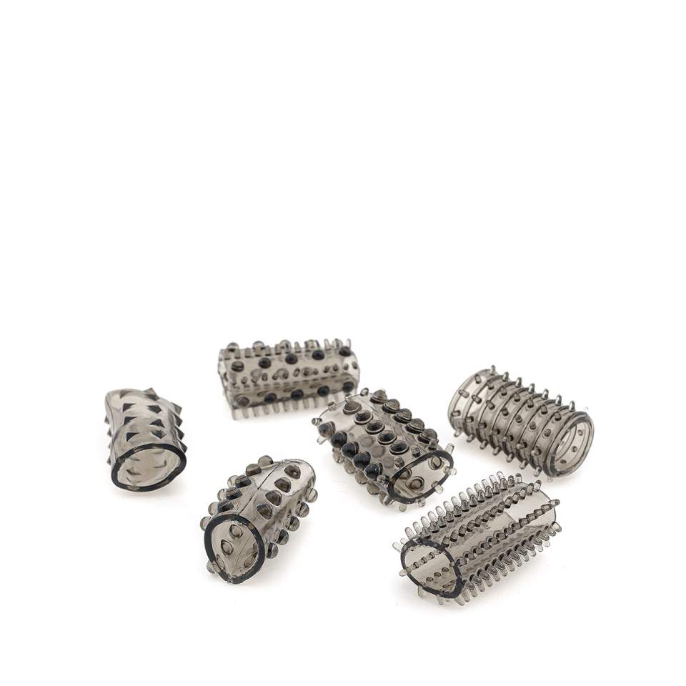 6 czarnych nakładek na penisa z wypustkami i języczkami – średnica 2 cm