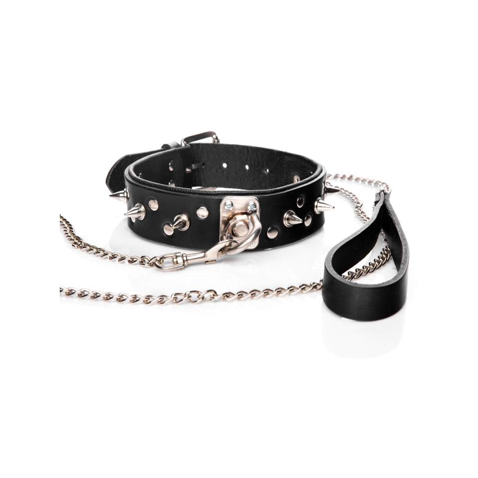 Czarna, skórzana, bogato zdobiona obroża ze smyczą – max. 50 cm