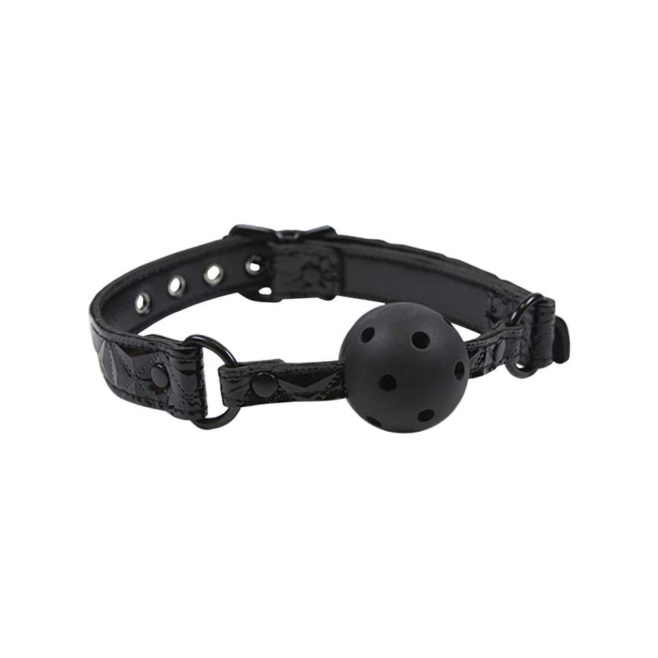 Czarny kulkowy knebel oddychający z ozdobnym paskiem