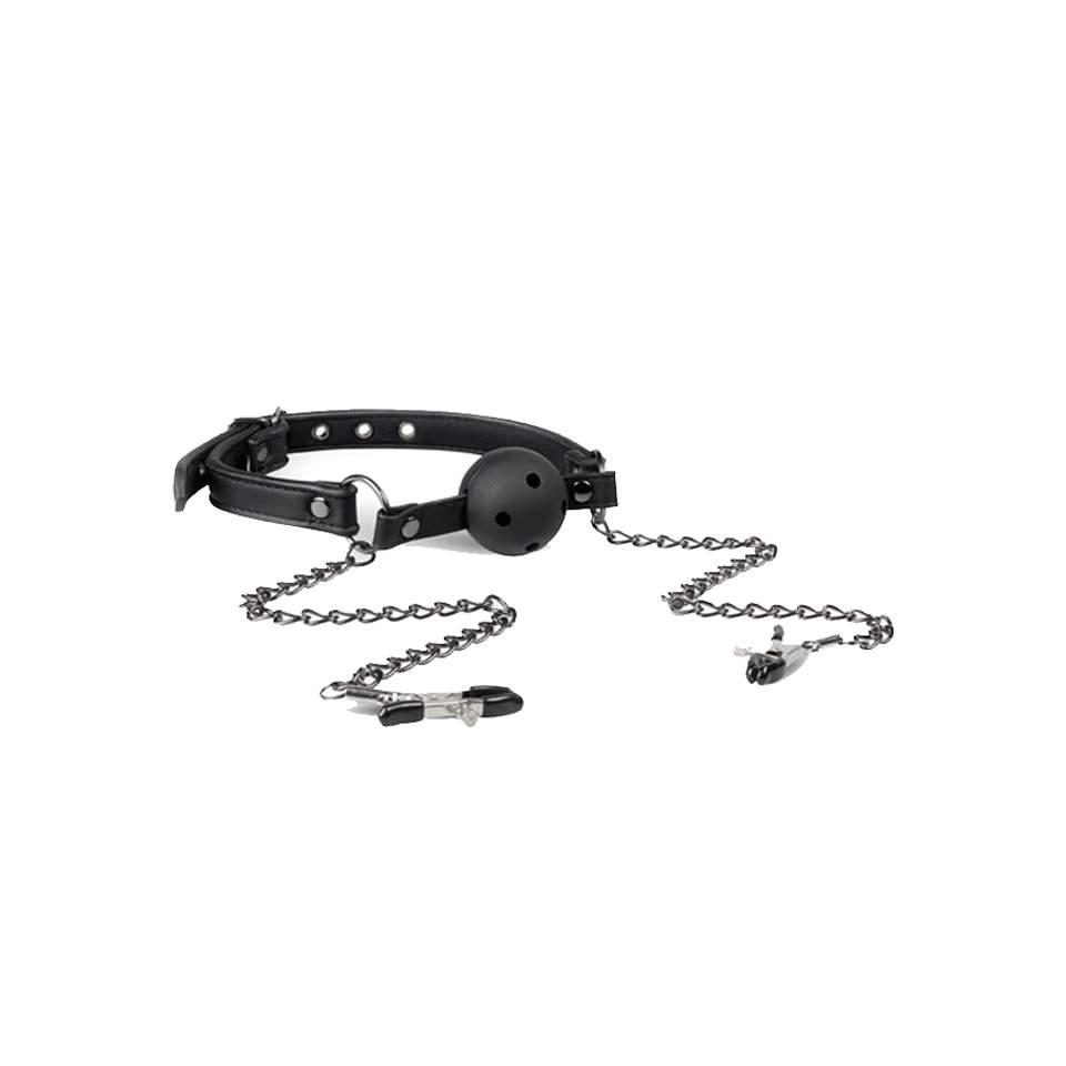 Plastikowy knebel do ust z otworami wentylacyjnymi i metalowymi zaciskami na sutki