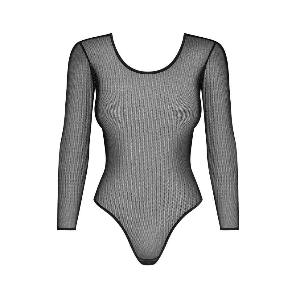 Połyskujące czarne body z długim rękawem Obsessive B123