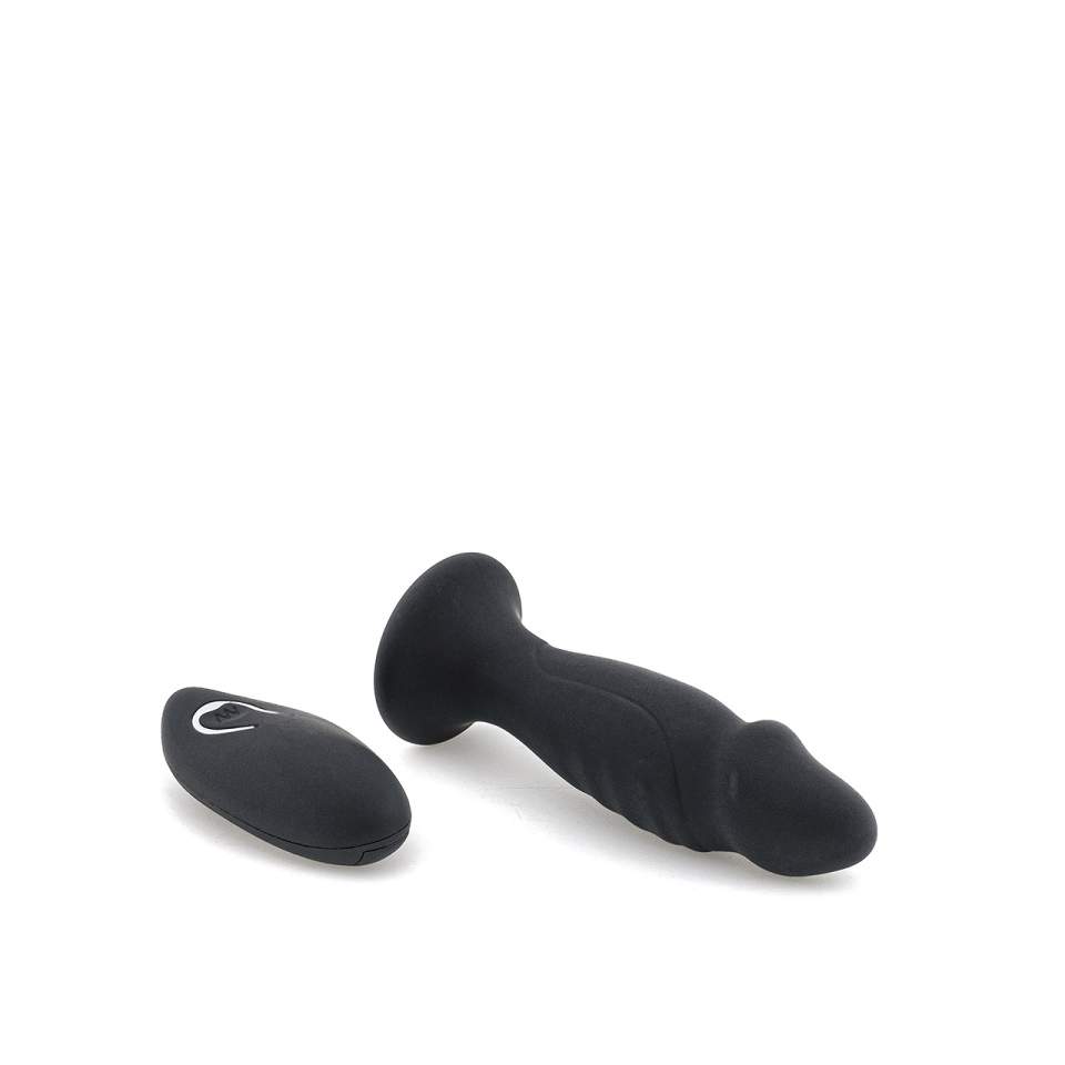 Czarny wibrujący korek analny w kształcie członka z pilotem bezprzewodowym na baterie