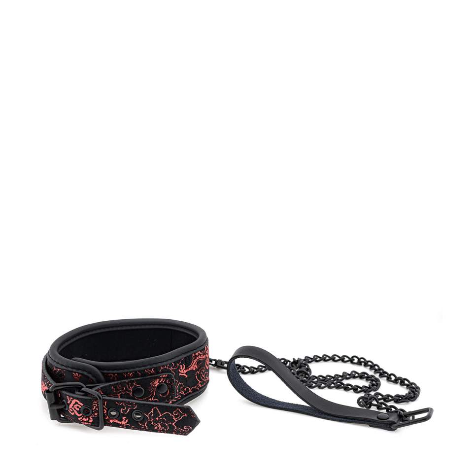 Czarna elegancka obroża neoprenowa ze smyczą w formie łańcucha