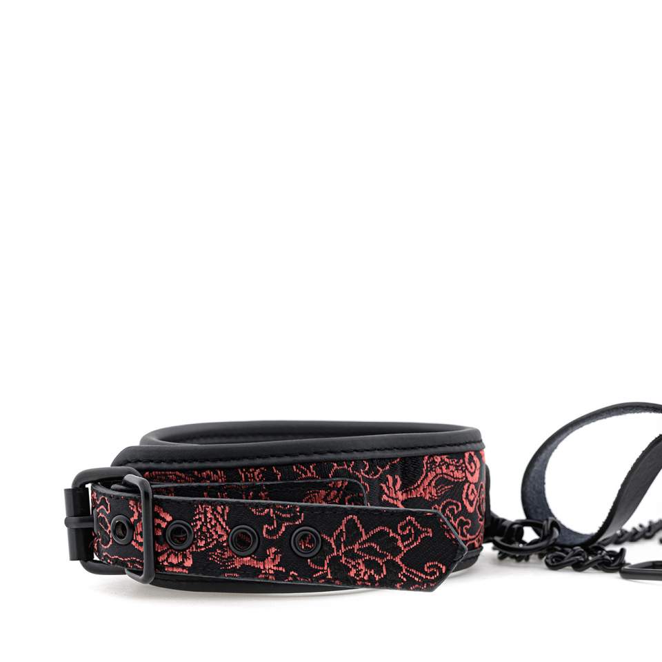 Czarna elegancka obroża neoprenowa ze smyczą w formie łańcucha