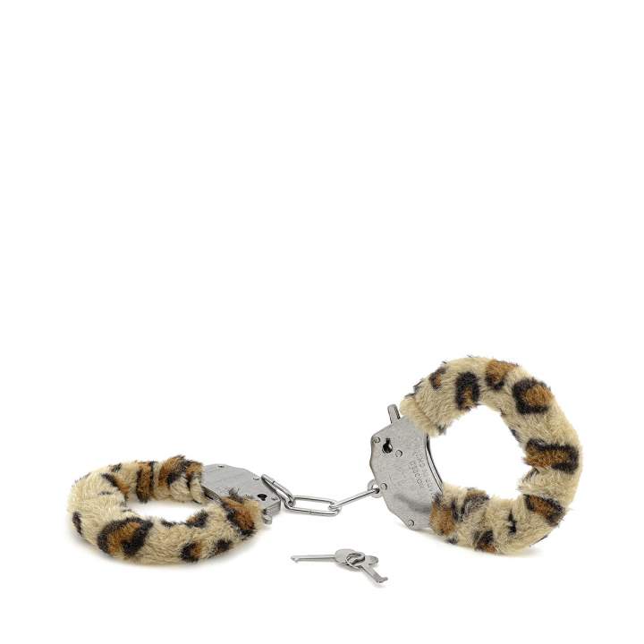 Metalowe kajdanki z futerkiem w lamparcie cętki – zamykane na kluczyk