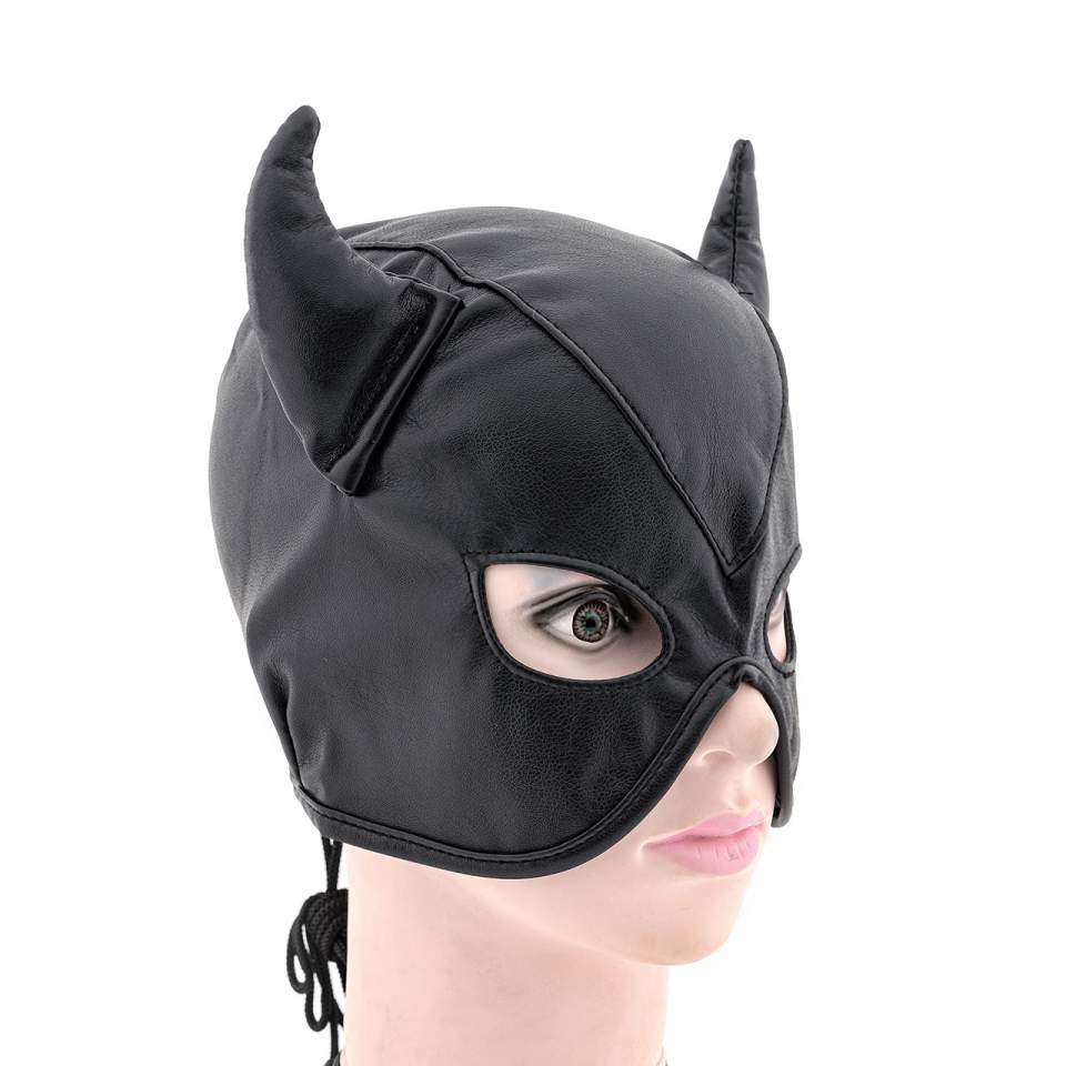 Czarna skórzana maska diabła z rogami dla mężczyzn – wiązanie z tyłu