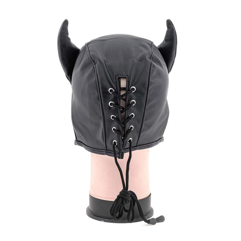 Czarna skórzana maska diabła z rogami dla mężczyzn – wiązanie z tyłu