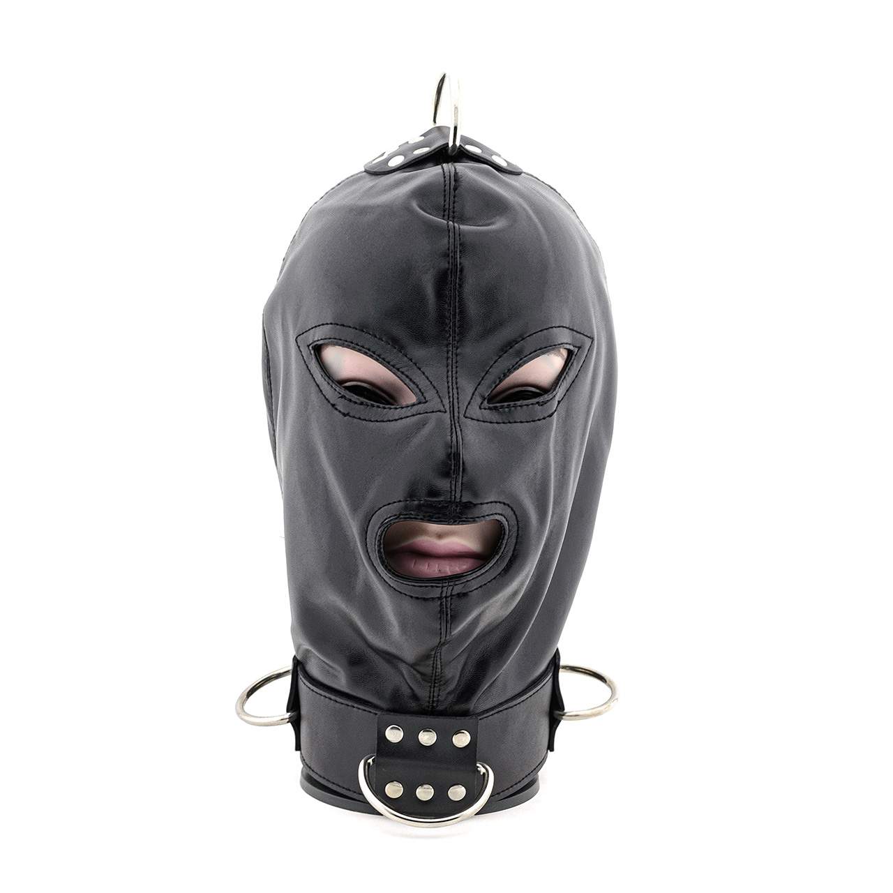 Czarna maska niewoli z kołnierzem i z metalowymi ringami