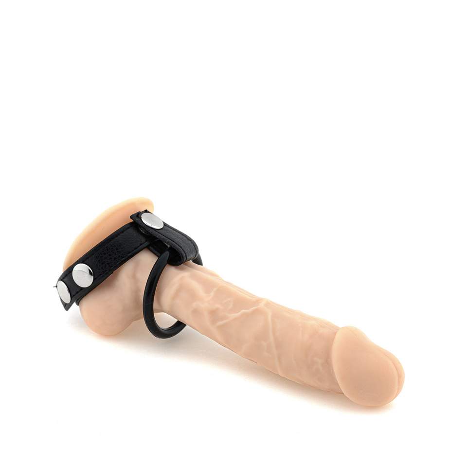 Czarny skórzany pierścień erekcyjny z opaską na jądra – 4,5 cm