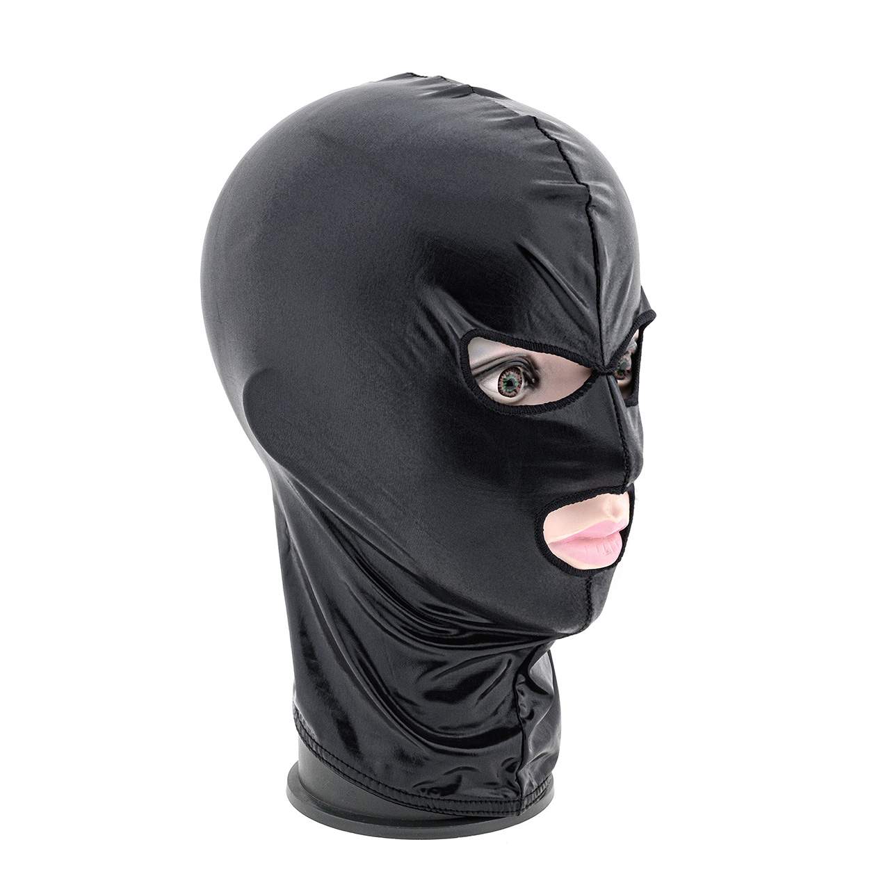 Czarna błyszcząca maska BDSM z otworami na oczy i usta