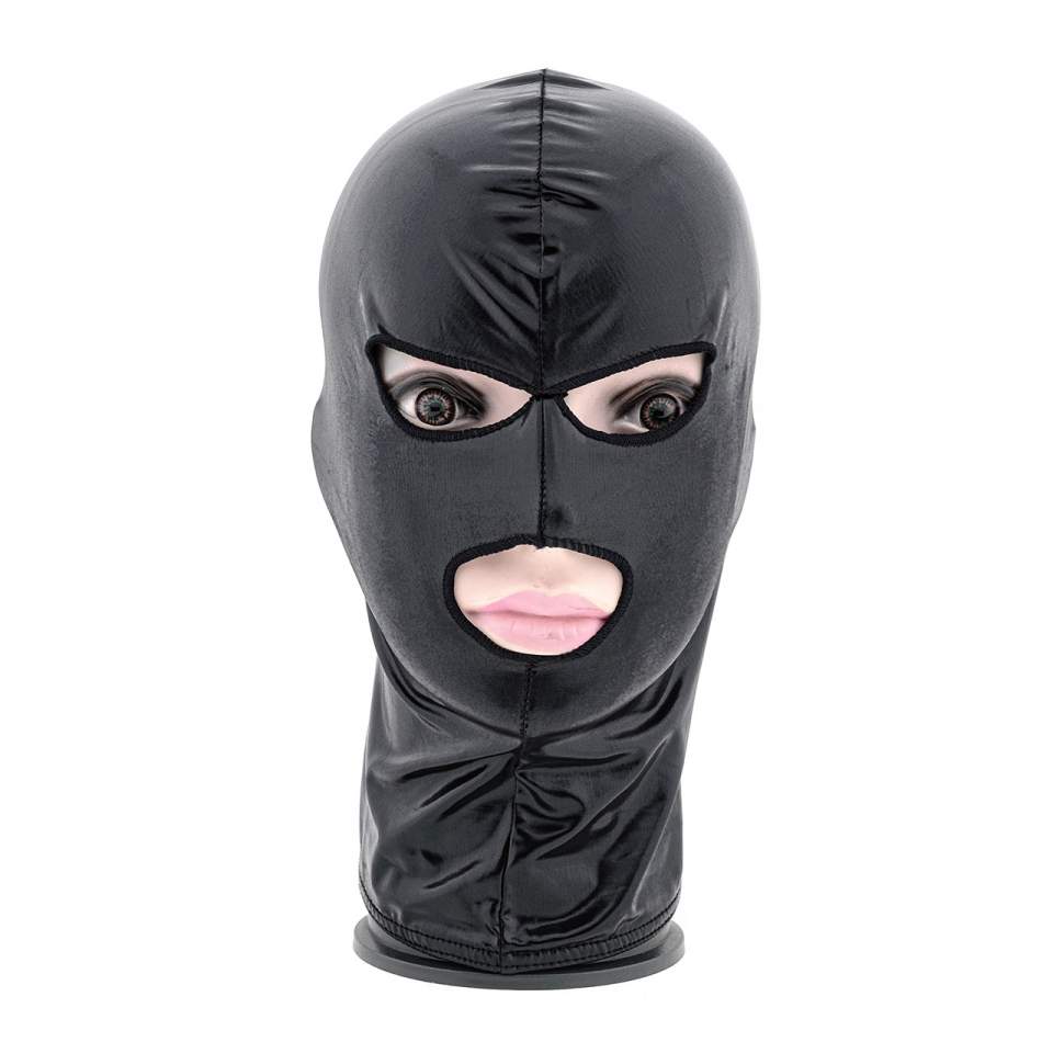 Czarna błyszcząca maska BDSM z otworami na oczy i usta