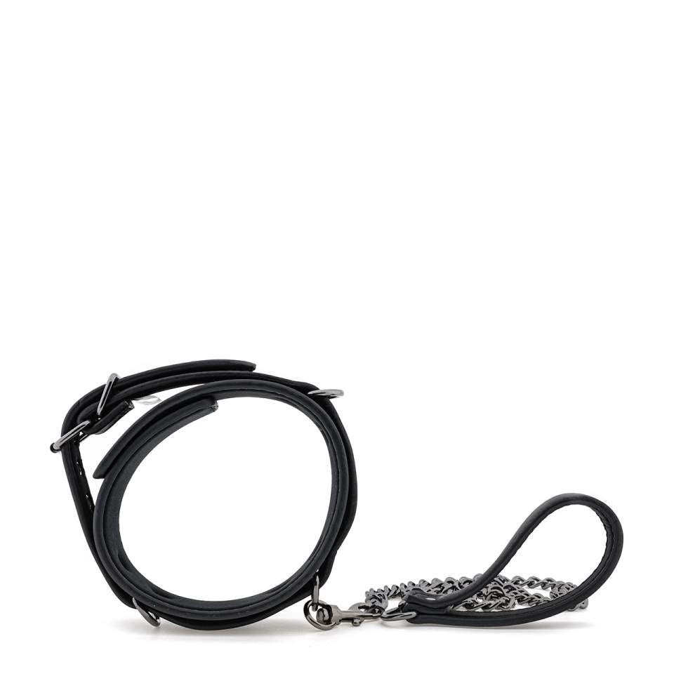 Czarna obroża z ekoskóry ze smyczą 