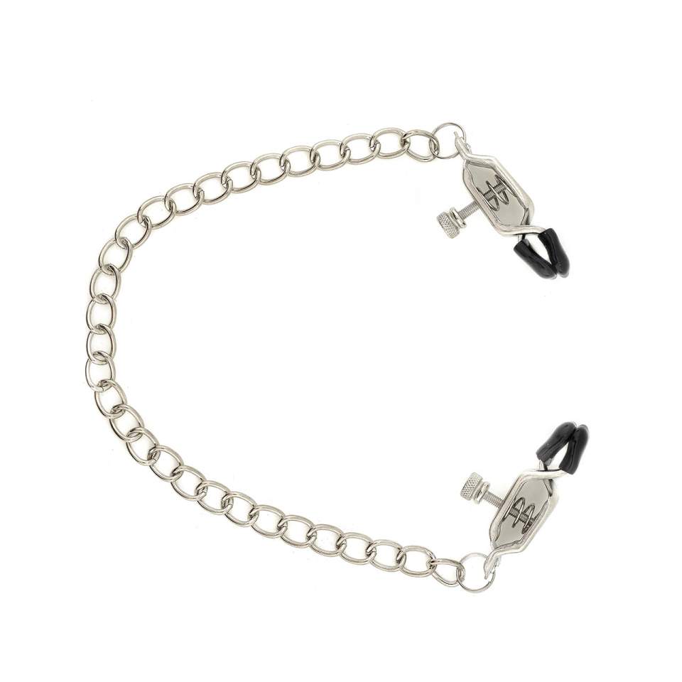 Regulowane zaciski na sutki połączone srebrnym, metalowym łańcuszkiem