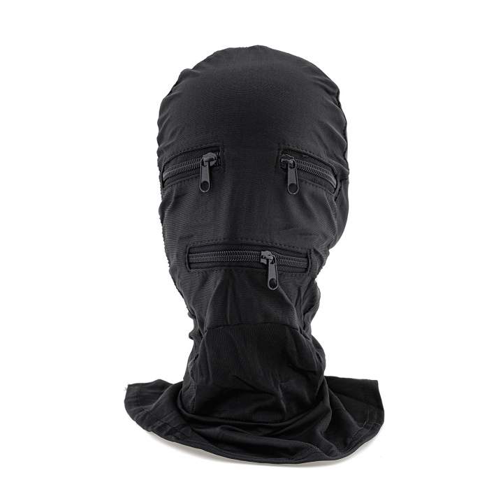 Czarna materiałowa maska na twarz z zamkami na oczach i ustach