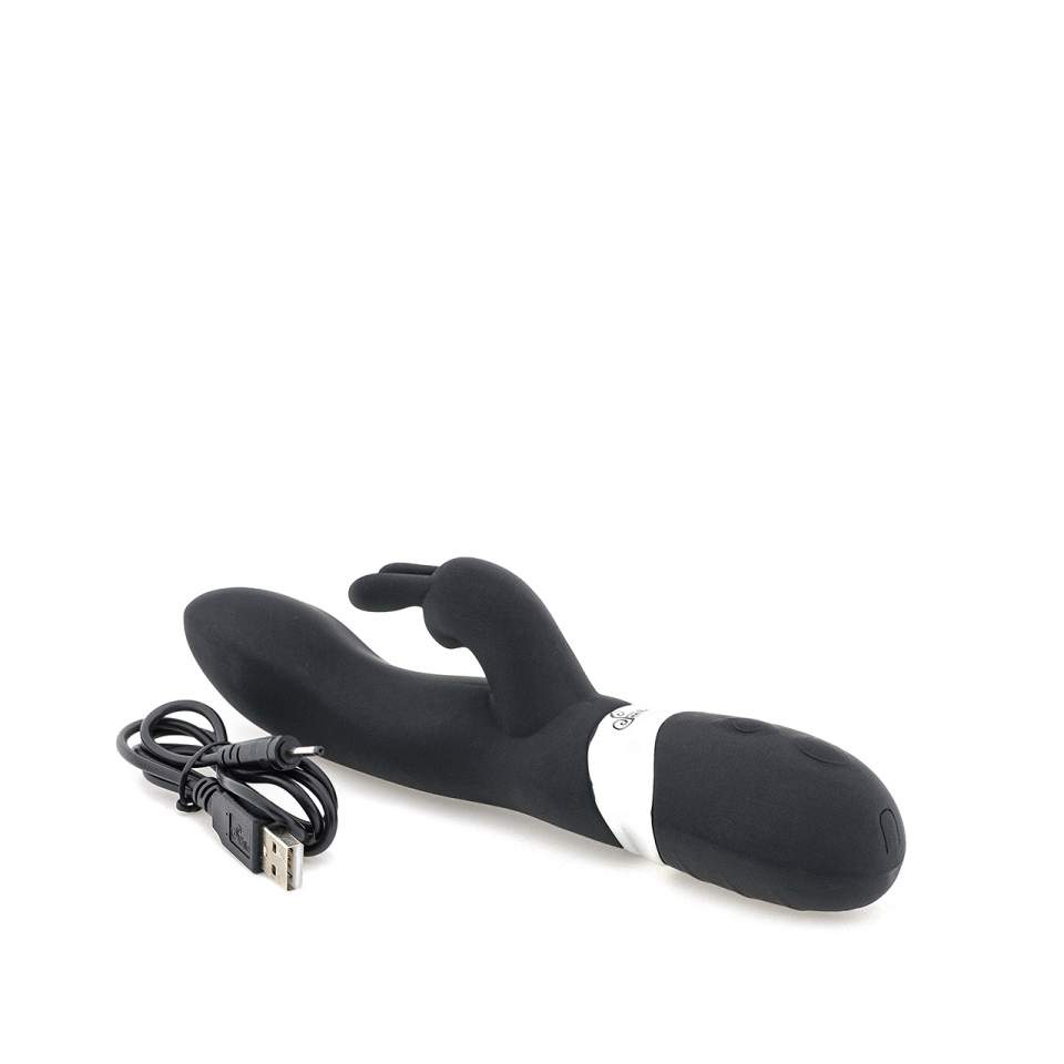 Czarny ekskluzywny wibrator typu króliczek ze stymulacją łechtaczki  