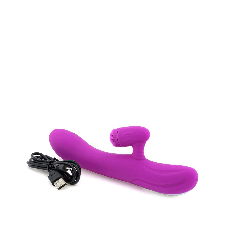 Fioletowy silikonowy wibrator  z rotacyjnym stymulatorem łechtaczki – 20,5 cm