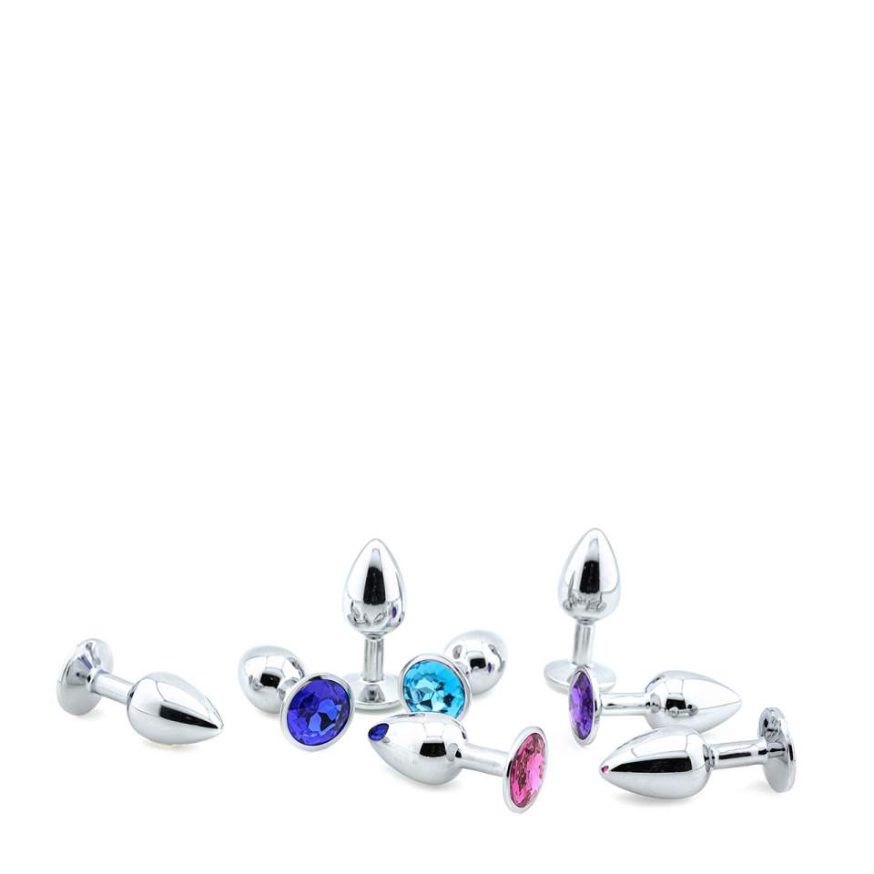 Srebrny stalowy korek analny z kryształkiem w różnych kolorach – średnica 2,8 cm