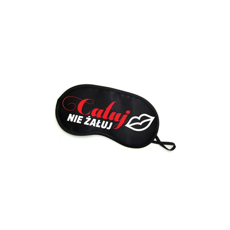 Czarna opaska na oczy z napisem „Całuj nie żałuj”