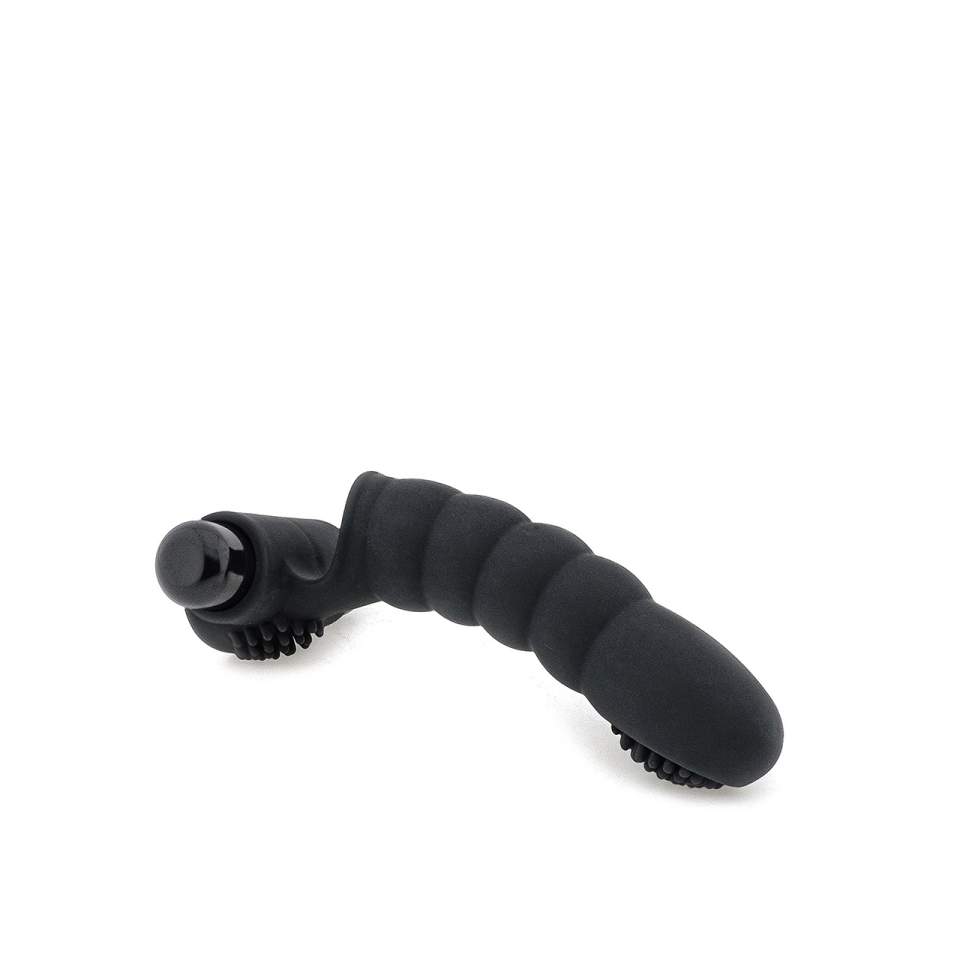 Czarny wibrator na palec z wypustkami do stymulacji różnych stref erogennych 
