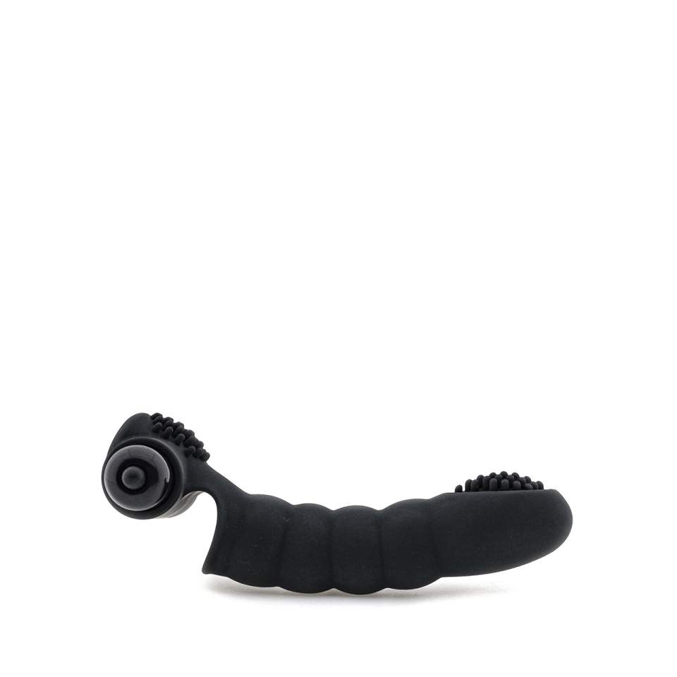 Czarny wibrator na palec z wypustkami do stymulacji różnych stref erogennych 