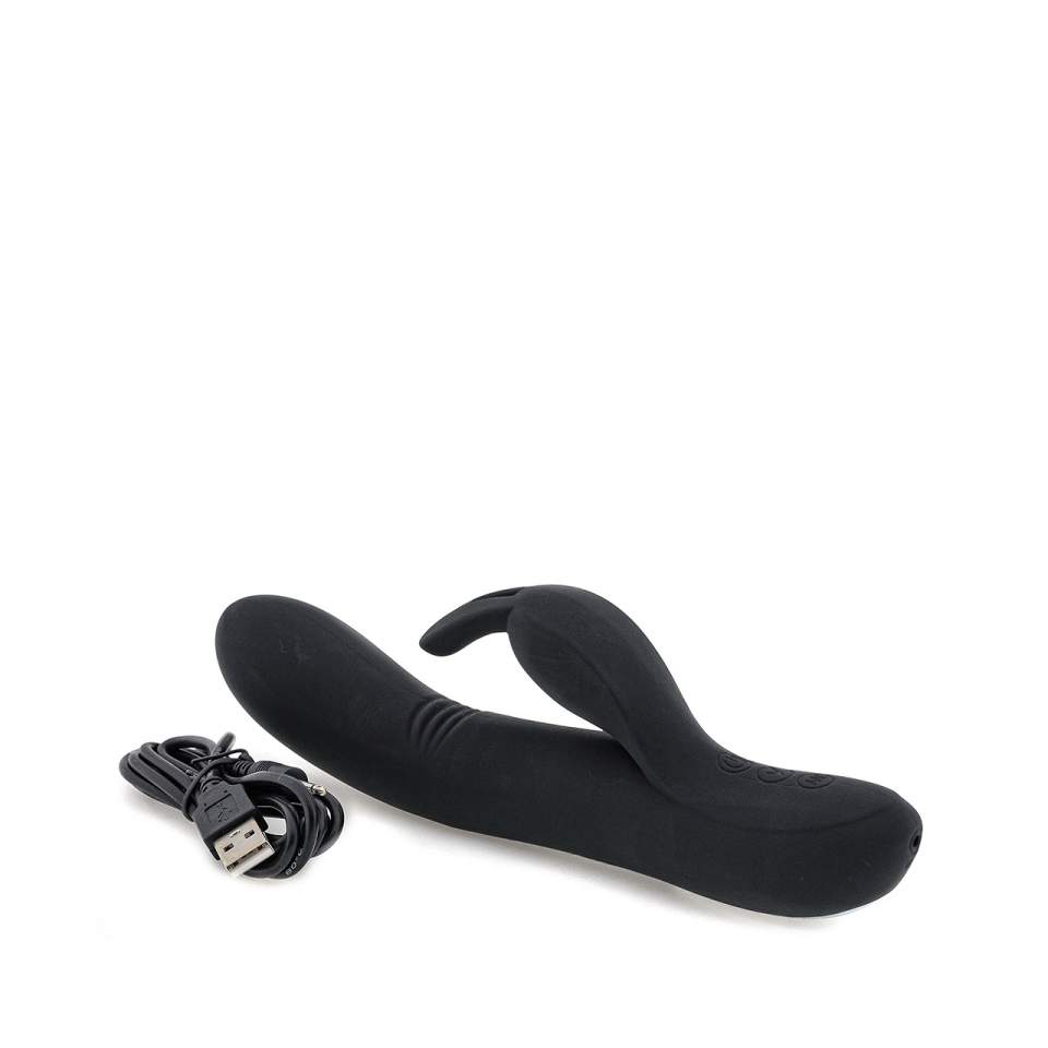 Czarny silikonowy wibrator króliczek z imitacją ruchu palców – 21 cm