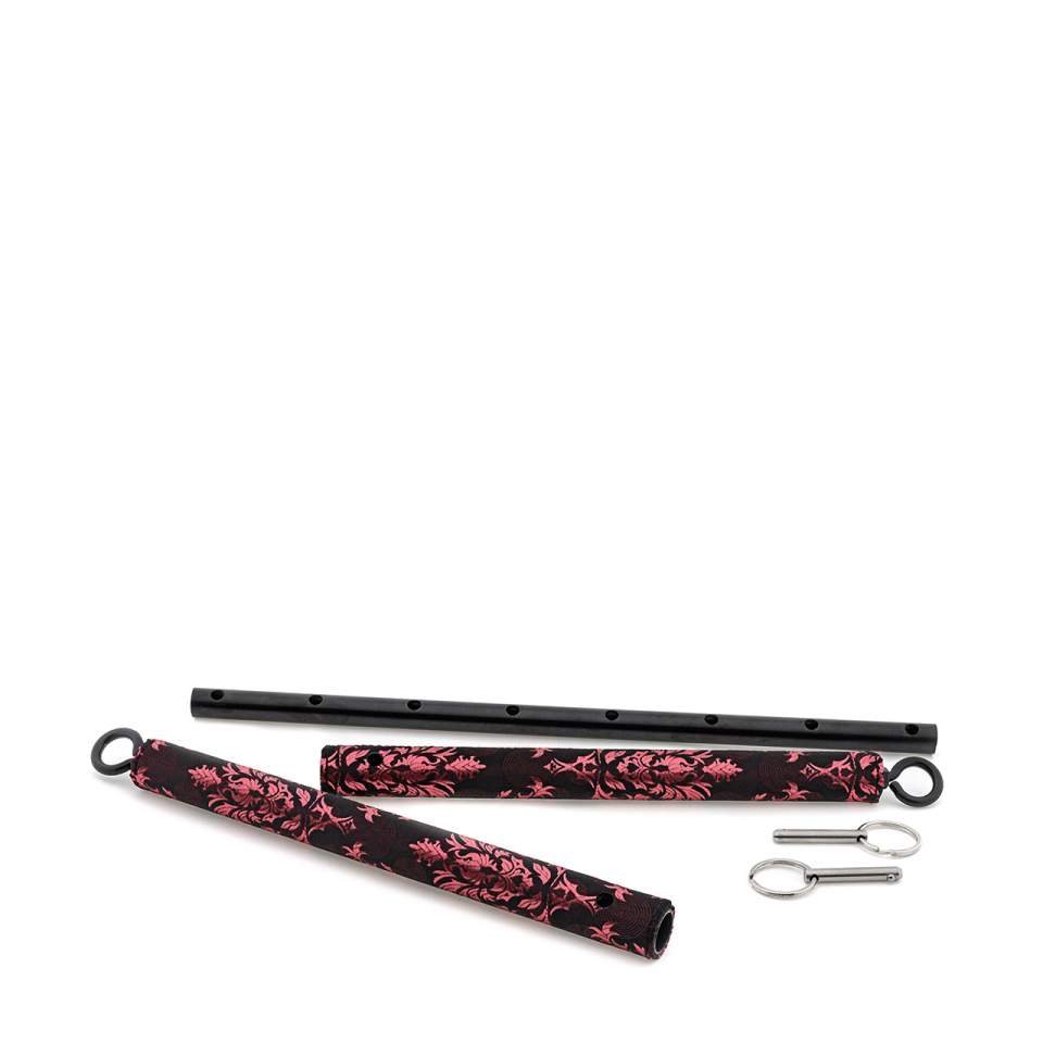 Ciężka metalowa rozpórka BDSM pokryta czarno-bordową tkaniną