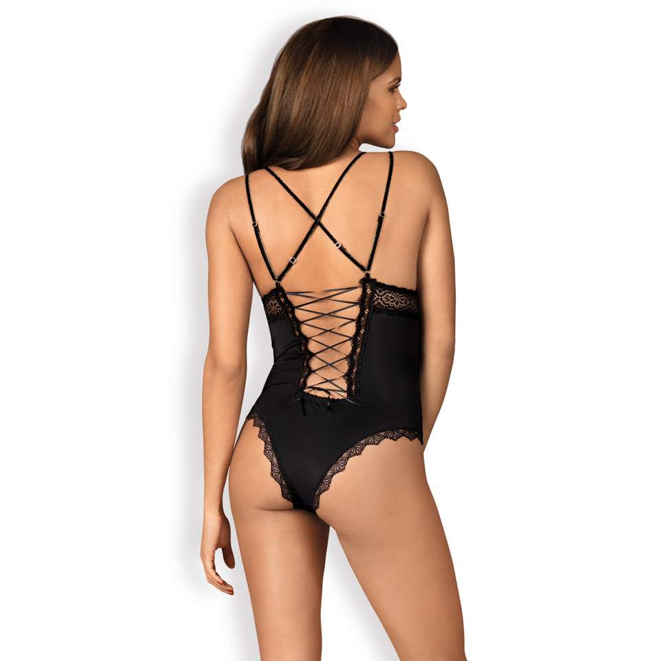 Czarne Body Obsessive Lolitte z zapięciem w kroku i koronką