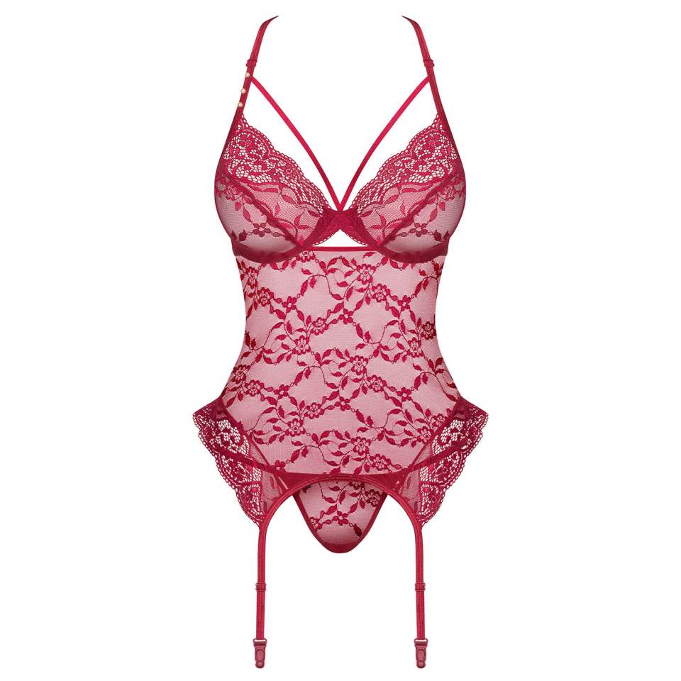 Uwodzicielski damski gorset z bordowej koronki Obsessive Ivetta-Cor