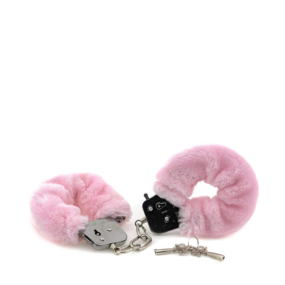 Różowe kajdanki ze sztucznym futerkiem i wajchą do otwierania