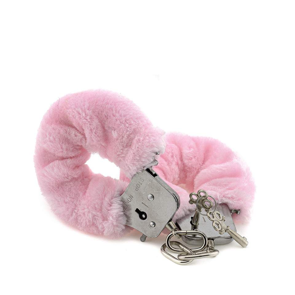 Różowe kajdanki ze sztucznym futerkiem i wajchą do otwierania