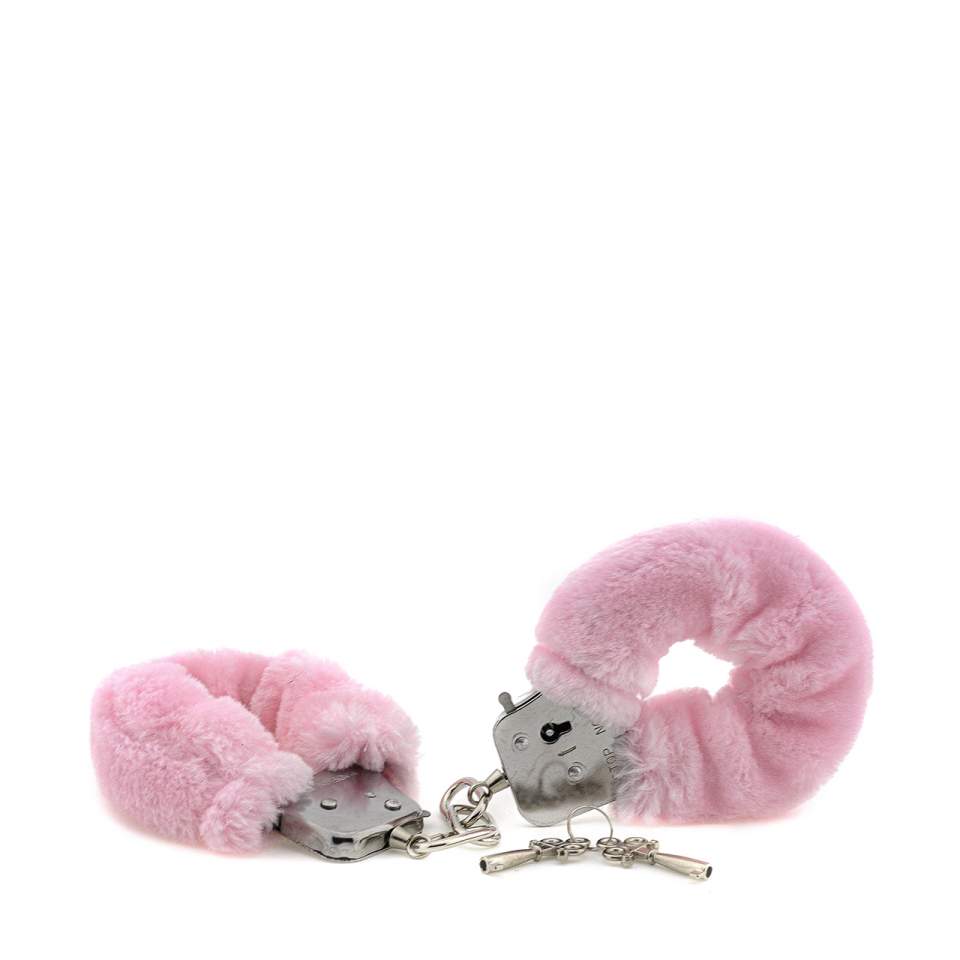 Różowe kajdanki ze sztucznym futerkiem i wajchą do otwierania