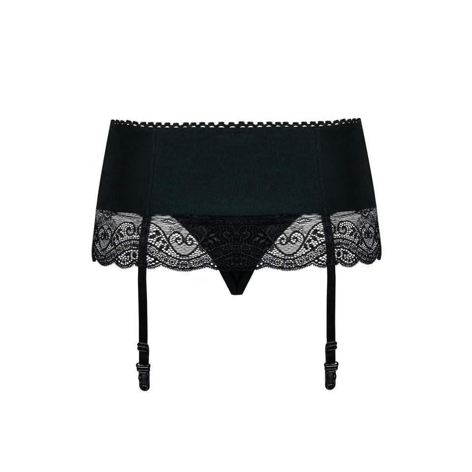Koronkowy czarny pas do pończoch i stringi Obsessive Miamor